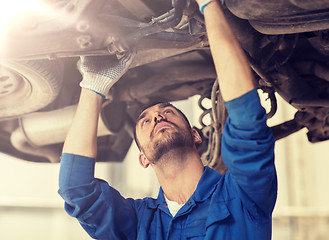 Image showing mechanic man or smith repairing car at workshop