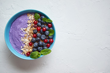 Image showing Healthy food concept. Fresh fruit Blackberries and currants yogu
