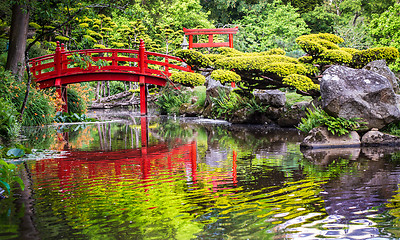 Image showing Japanese garden and red bridge