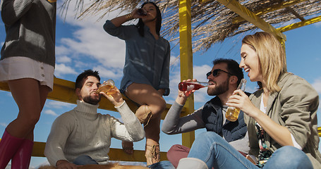 Image showing Group of friends having fun on autumn day at beach