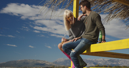 Image showing Couple drinking beer together at the beach