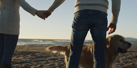 Image showing couple with dog having fun on beach on autmun day