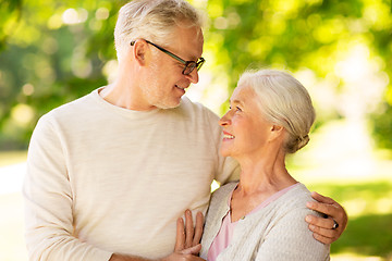 Image showing happy senior couple hugging at summer park