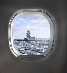 Image showing Aerial view of cloudy sky through airplaine window.