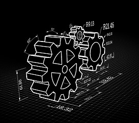 Image showing Set of gears on a black background. Vector illustration, blueprint style.