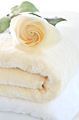 Image showing Stack of towels and rose