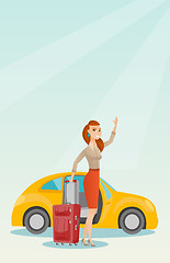 Image showing Young caucasian woman waving in front of car.