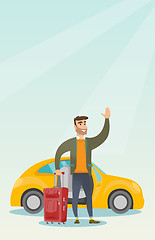 Image showing Young caucasian man waving in front of car.