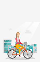 Image showing Business woman riding a bicycle with a laptop.