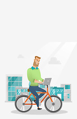 Image showing Businessman riding a bicycle with a laptop.