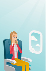 Image showing Young caucasian woman suffering from aerophobia.