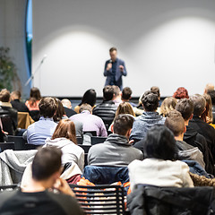 Image showing Business speaker giving a talk at business conference event.