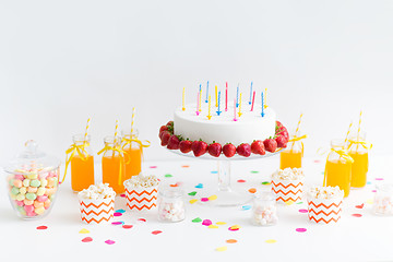 Image showing birthday cake, juice, popcorn and marshmallow