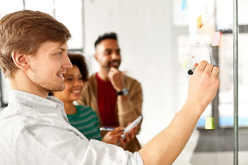 Image showing creative team working with glass board at office