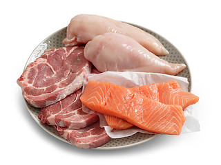 Image showing plate of raw salmon and meat