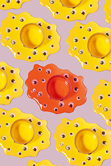 Image showing Pattern from colorful paint puddles with googly eyes and cans.