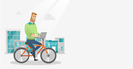 Image showing Businessman riding a bicycle with a laptop.