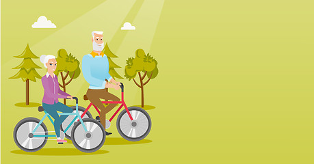 Image showing Happy senior couple riding on bicycles in park.