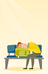 Image showing Exhausted man sleeping on suitcase at the airport.