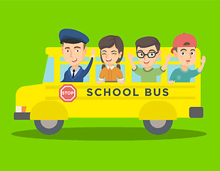 Image showing Caucasian pupils riding a yellow school bus.