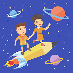 Image showing Children riding a pencil shaped as a space shuttle