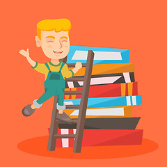 Image showing Boy climbing up a ladder on the pile of books.