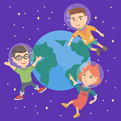 Image showing Caucasian astronaut kids flying in space.