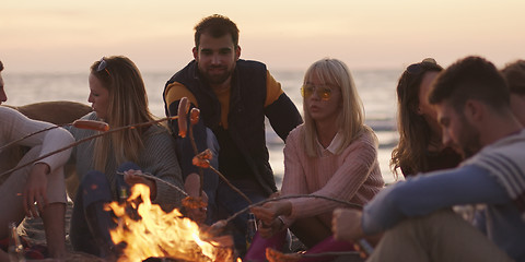 Image showing Group Of Young Friends Sitting By The Fire at beach