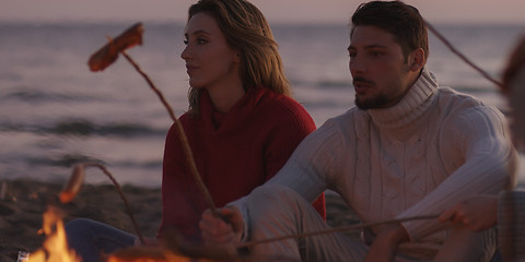 Image showing Group Of Young Friends Sitting By The Fire at beach