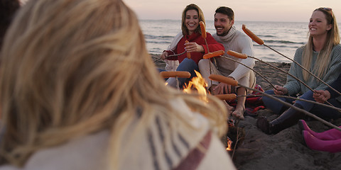 Image showing Group Of Young Friends Sitting By The Fire at beach