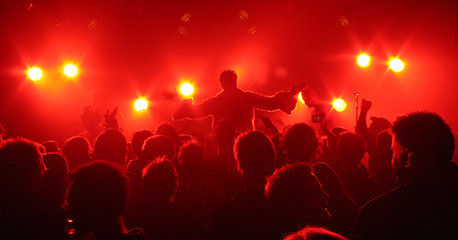 Image showing Musicians performing in front of cheering crowd