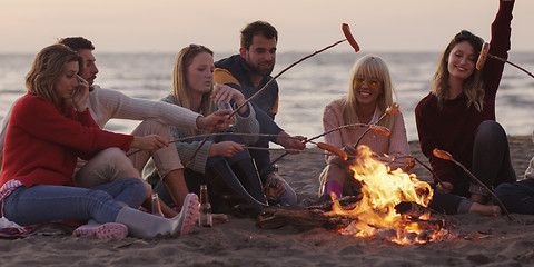 Image showing Group Of Young Friends Sitting By The Fire at beach