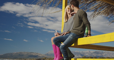 Image showing Couple drinking beer together at the beach