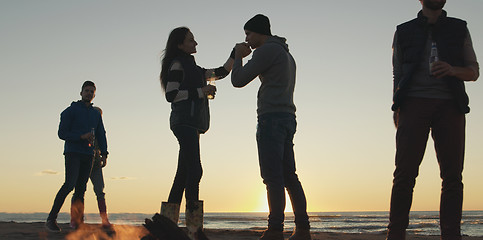 Image showing Friends having fun at beach on autumn day