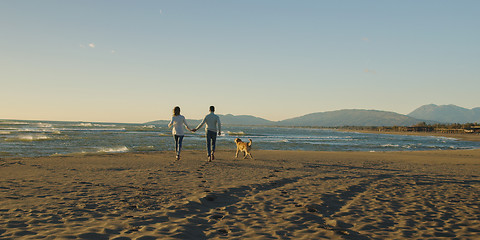 Image showing couple with dog having fun on beach on autmun day