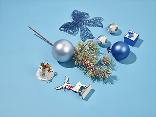 Image showing Christmas decoration background over blue background, above view with copy space