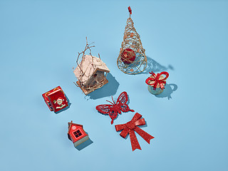 Image showing Christmas decoration background over blue background, above view with copy space