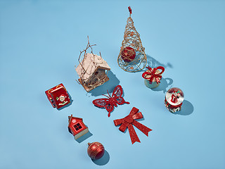 Image showing Christmas decoration background over blue background, above view with copy space