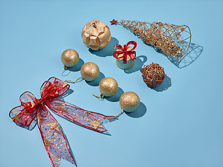 Image showing Christmas decoration background over blue background, above view with copy space