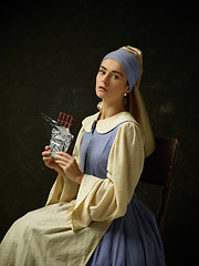 Image showing Medieval Woman in Historical Costume Wearing Corset Dress and Bonnet.