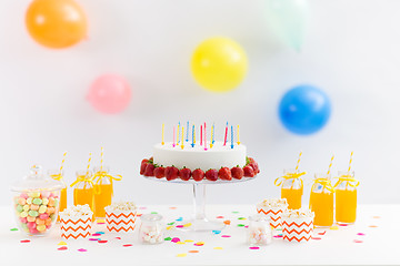 Image showing birthday cake, juice, popcorn and marshmallow