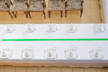 Image showing Aerial view to the long served table