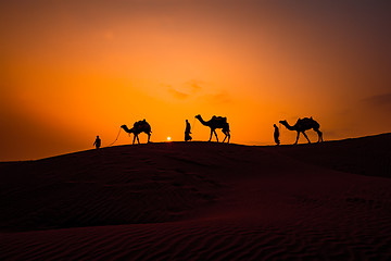 Image showing Cameleers, camel Drivers at sunset. Thar desert on sunset Jaisal