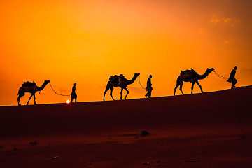 Image showing Cameleers, camel Drivers at sunset. Thar desert on sunset Jaisal