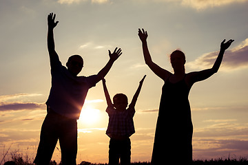 Image showing Happy family standing in the park at the sunset time.