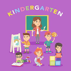 Image showing Group of children with teacher in the kindergarten