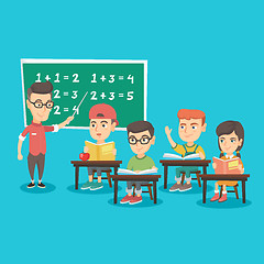 Image showing Young teacher explaining to children mathematics.