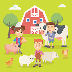 Image showing Caucasian children playing with farm animals.