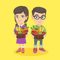 Image showing Kids holding basket with fruit and vegetables.