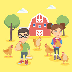 Image showing Caucasian boy and girl holding chickens and eggs.
